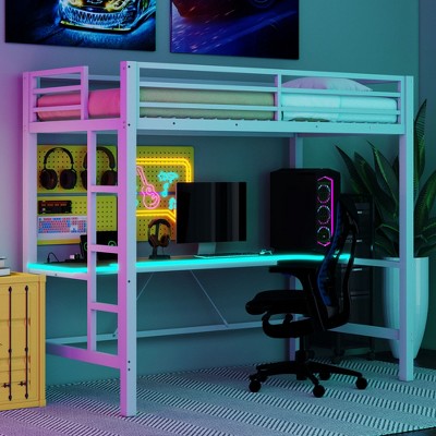 Whisen Twin Size Gaming Metal Loft Bed Frame with LED Light and Desk