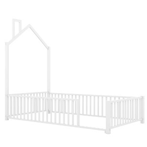 Bellemave Twin Size Metal House Platform Bed with Guardrail and Chimney, White - 1 of 4