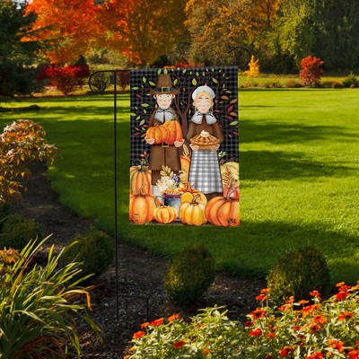 Pilgrims Thanksgiving Garden Flag with Pumpkins and Pie