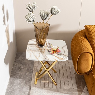 23.22" MDF Square Side Table with Marble Pattern Top and Gold Stainless Steel Base for Living Room