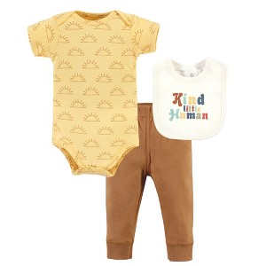 Hudson Baby Cotton Bodysuit, Pant and Bib Set, Kind Human - 1 of 4