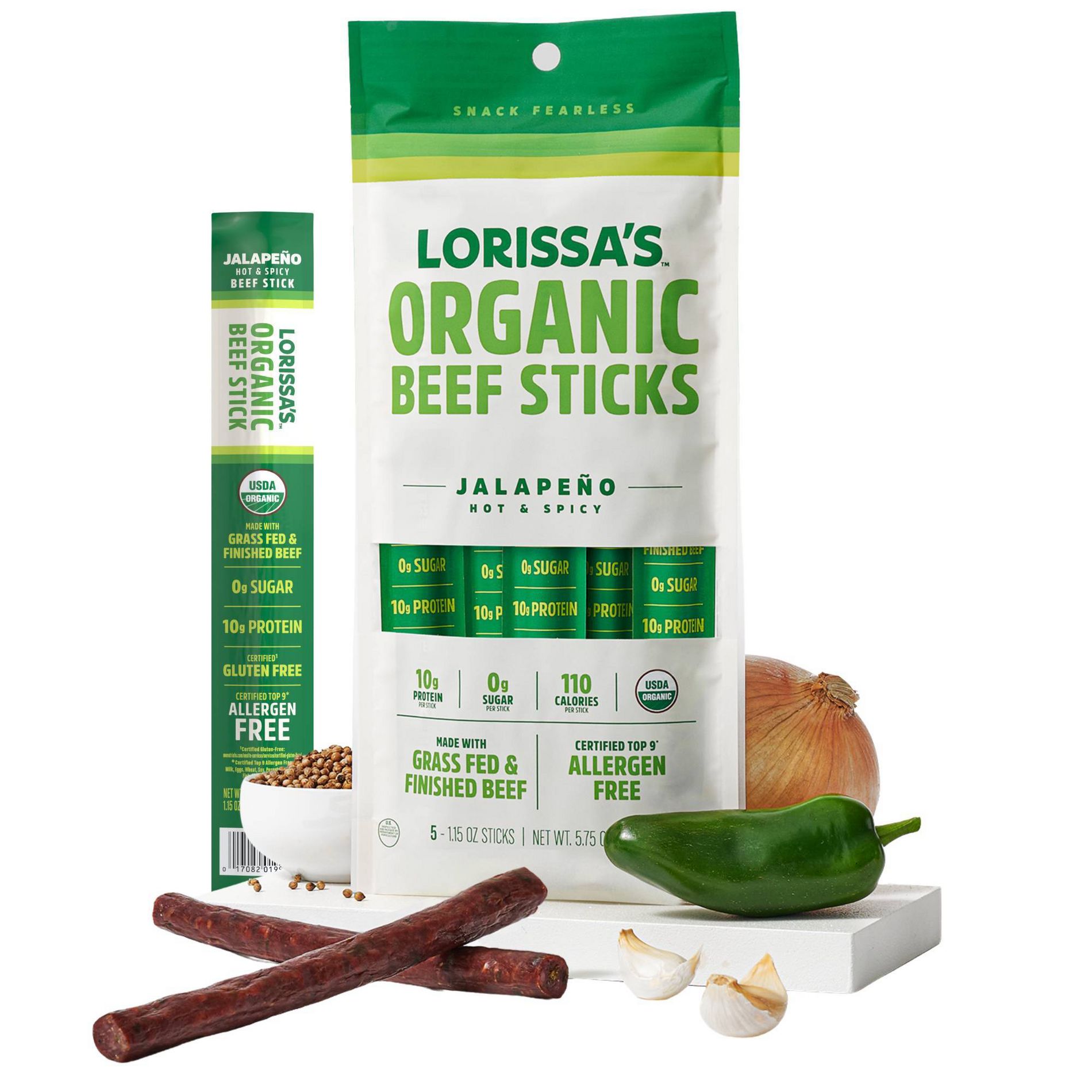 Lorissa's Organic Meat Sticks - 10g Protein - 1.15oz/5ct