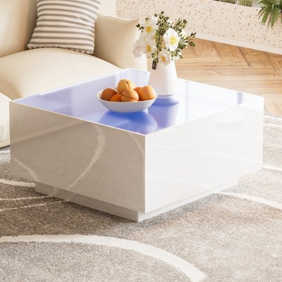 27.5" x 27.5" Modern Square High Glossy Coffee Table, with 16-color LED Strip Lights & 5mm Frosted Tempered Glass Top, for Living Room