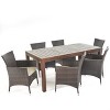 GDFStudio Taft Outdoor 7 Piece Acacia Wood and Wicker Dining Set with Cushion, Dark Brown/Beige - 2 of 4