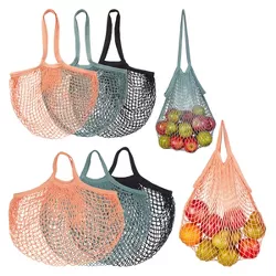 Stockroom Plus 6 Pack Reusable Cotton Mesh Produce Net Bags for Fruit, Vegetables & Farmers Market, 3 Colors, 2 Sizes