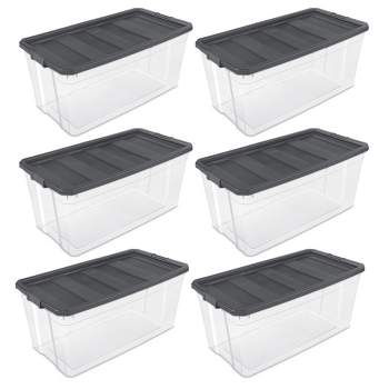 Sterilite 200 Quart Plastic Stacker Box, Lidded Storage Bin Container for Home and Garage Organizing, Shoes, Tools, Clear Base & Gray Lid, 6-Pack