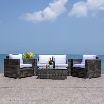 Machie Grey Brown Wicker 3-Person Outdoor Living Set with White Cushions