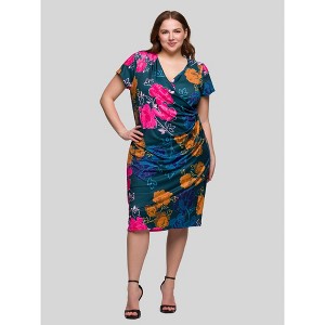 24seven Comfort Apparel Plus Size Blue Floral Knee Length Short Sleeve Faux Wrap Dress - 1 of 4