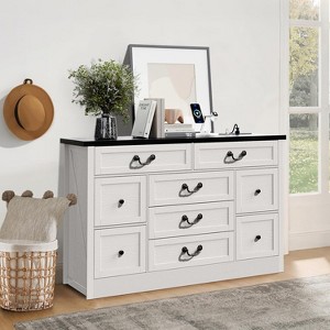 Farmhouse 9 Drawer Dresser with Charging Station, 55" Wide Wood Dresser, Vintage Dressers TV Stand - 1 of 4