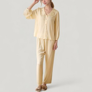 Anna-Kaci Lounge Women's Woven Two-Piece Pajama Set with Embroidered Sailor Collar and Button Down Top - 1 of 4