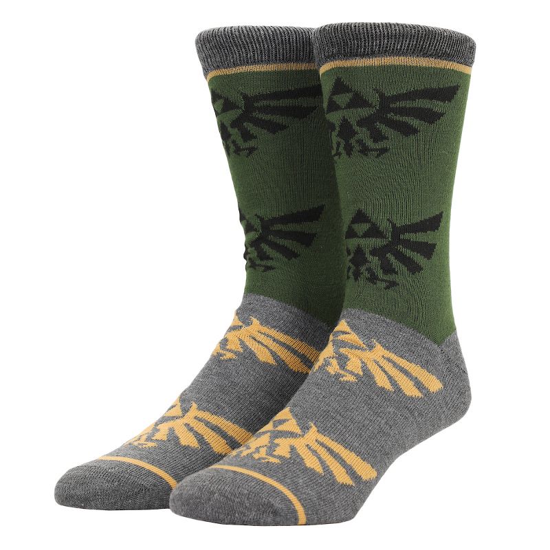 Legend of Zelda Triforce Icon on Olive and Gray Men's Casual Crew Socks, 1 of 5