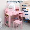 Kids Vanity Table with Lighted Mirror, 2-in-1 Girls Vanity Set with Bookshelf, Drawer & Shelves, Makeup Table with Stool for 3-9 Year Olds, Pink - 3 of 4