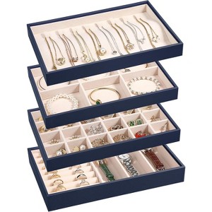 4-Piece Stackable Jewelry Organizer Trays made of PU leather with removable dividers for earrings, necklaces, rings, and bracelets - 1 of 4