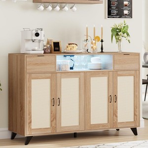 Rattan Sideboard Buffet Cabinet - with 4 Doors and 2 Drawers, Console Table Coffee Bar With Power Outlet, Adjustable Shelves for Kitchen, Dining Room - 1 of 4