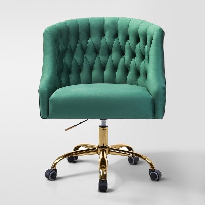 Anika Velvet Height-adjustable Swivel Task Office Chair with Button-tufted Back and Gold Base | Karat Home
