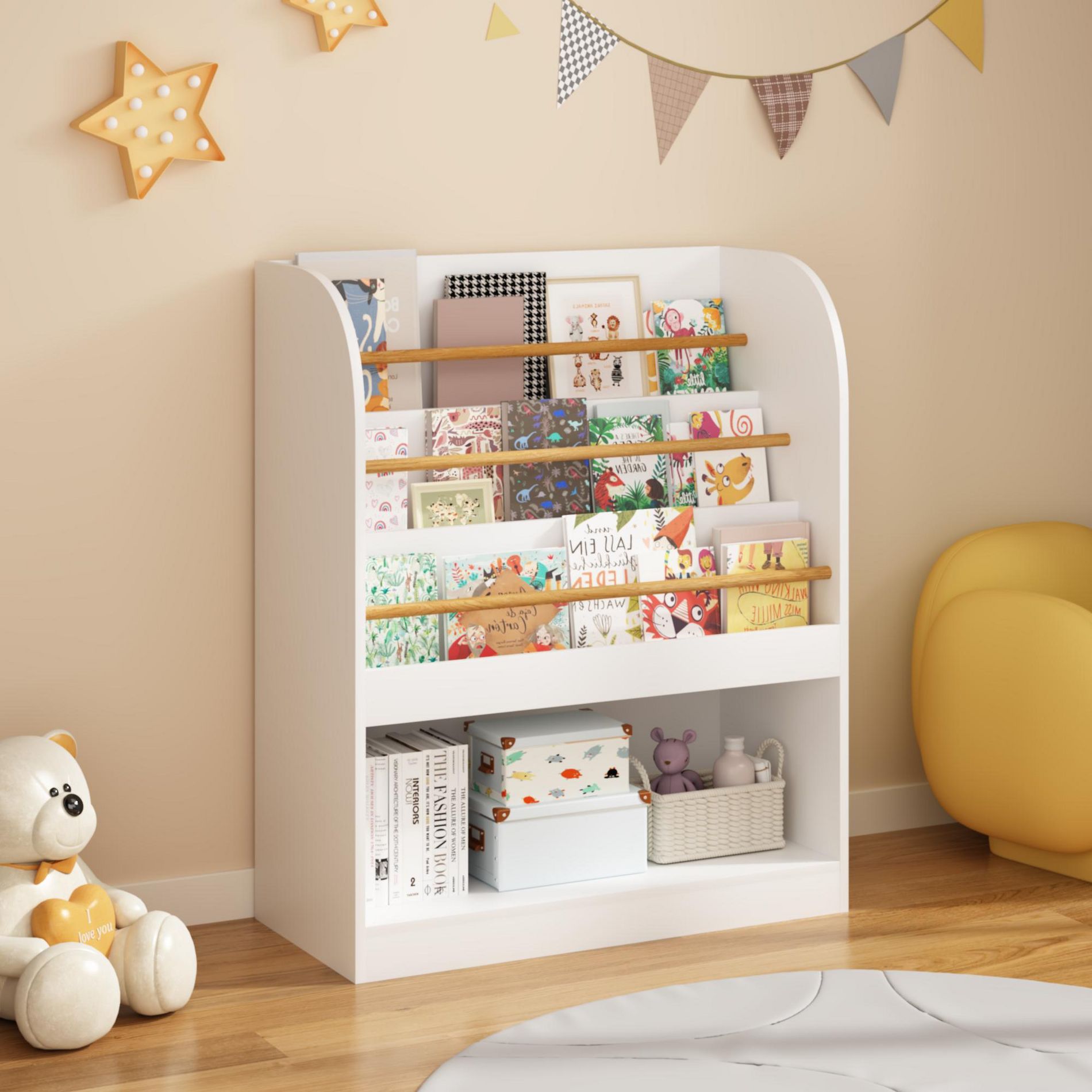 Bellemave Front-Facing Kids Bookshelf with 3 Display Tiers and Open Storage, White