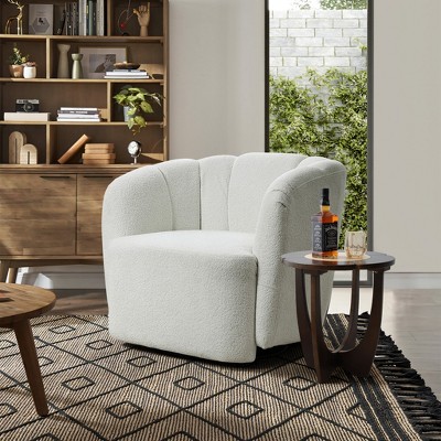 Ivory Boucle Swivel Barrel Accent Chair with Floral Backrest