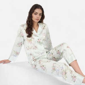 Anna-Kaci Lounge Women's Satin Floral Pajama Set with Long Sleeve Notched Collar Button-Up Top and Relaxed Fit Full-Length Pants - 1 of 4