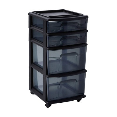 Homz Clear Plastic 4 Drawer Medium Home Organization Storage Container Tower w/2 Large and 2 Small Drawers, and Removeable Caster Wheels
