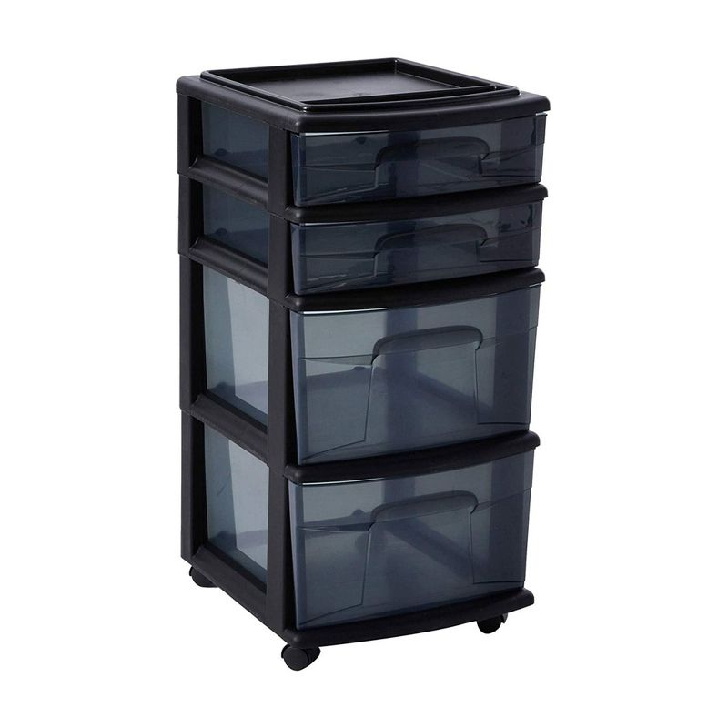 Homz Tall Solid Plastic Versatile 4 Drawer Medium Home Storage Cart with 4 Caster Wheels for Home, Office, Dorm, and Classroom, Black (2 Pack), 2 of 7