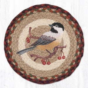 Earth Rugs Chickadee Round Trivet – 10" Songbird Print on Braided Natural Jute Table Mat - 1 of 3