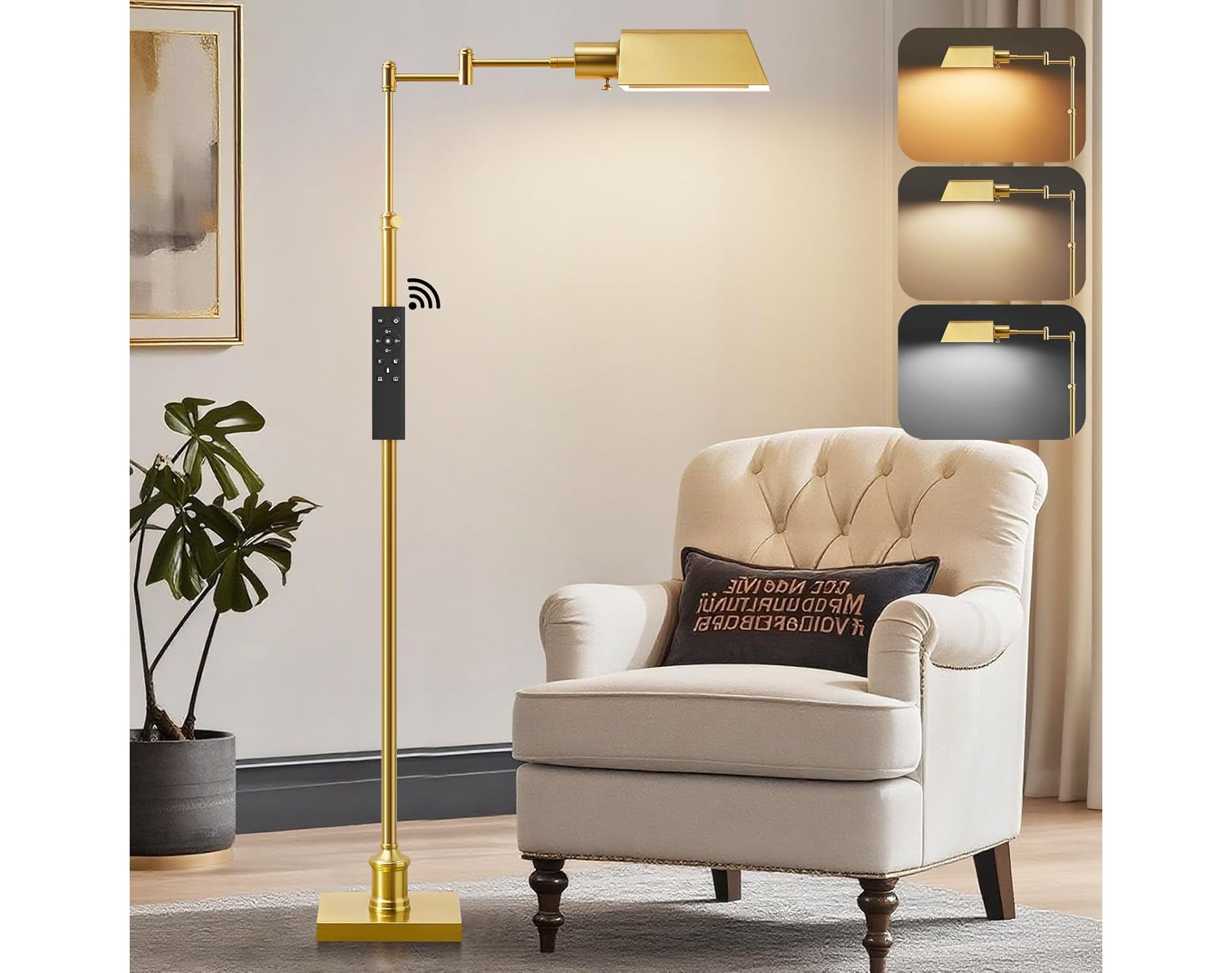 GTCLIGHTING Floor Lamp with 350° Swing Arm, 3 Color Temperature Height Adjustable Standing Lamp Metal Shade for Living Room Bedroom (Gold)