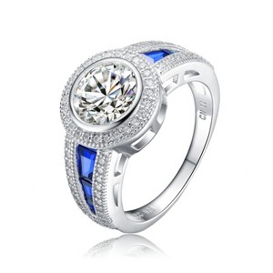 Guili Bloom Sterling Silver Ring, White & Green Cubic Zirconia, Halo Pave Style, Luxurious Statement Jewelry, Green/Red/Blue, Sizes 6-8. - 1 of 3