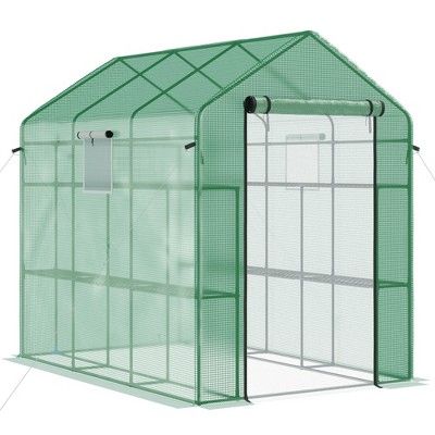 Outsunny Walk-in Greenhouse, 2-Tier Shelf Hot House, Roll Up Zipper Door, UV protective for Flowers, Herbs, Vegetables