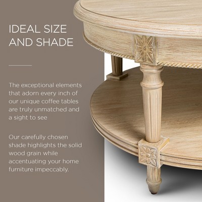 Antiqued White Round Wooden Coffee Table with Shelf Storage