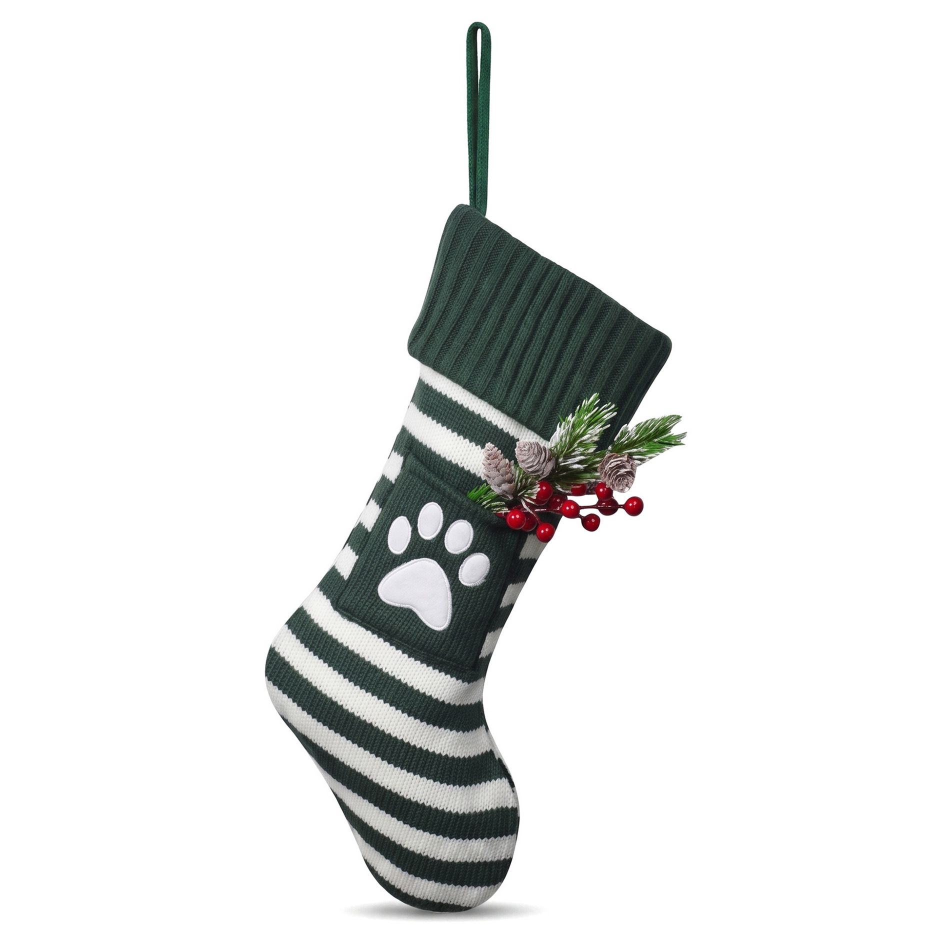 REGALWOVEN Festive Knit Striped Christmas Stockings with Snowflake Pocket and Berry Decor 1Pc 18.1x7.9 in
