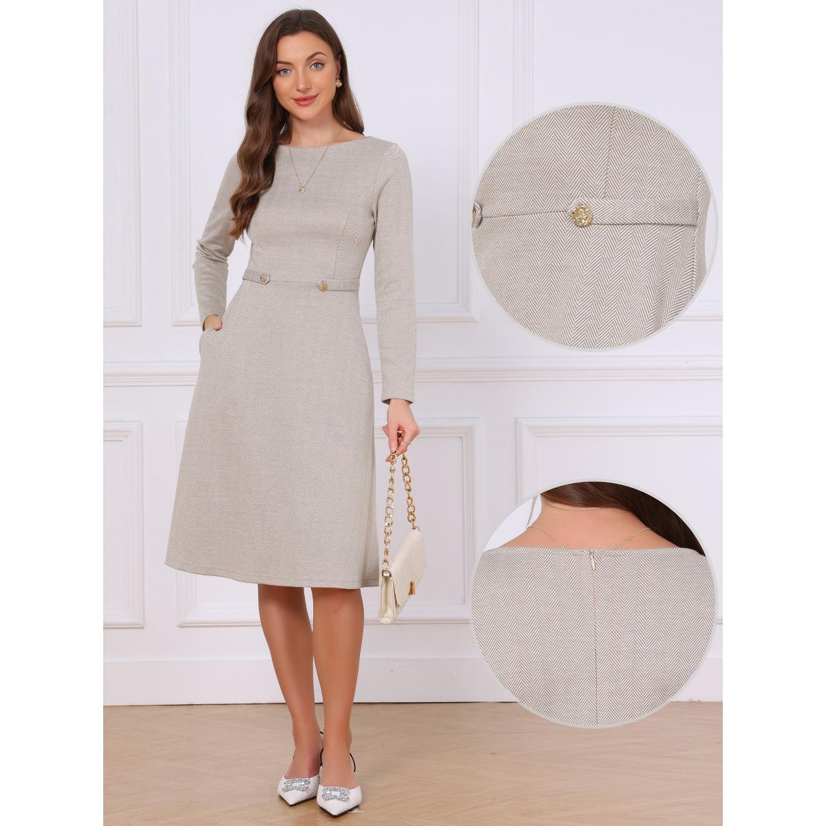 Женские платья INSPIRE CHIC Women's Boat Neck Long Sleeve A-Line Business Casual Formal Pockets Dress Large Taupe — фото 2