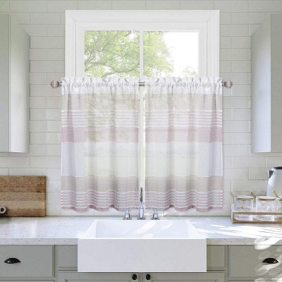 Striped Sheer Voile Cafe Curtains, Semi Transparent Window Treatment for Kitchen, 27"x24" Pink, Decorative Half Curtains, 2 Panels
