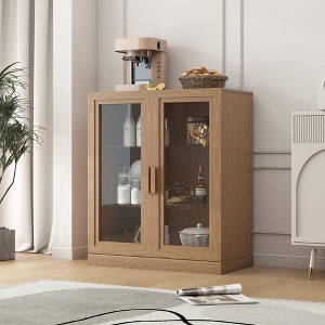 MAYEERTY  Natural Wood Grain Storage Cabinet with Glass Door for Living Room & Bar Area - 1 of 4