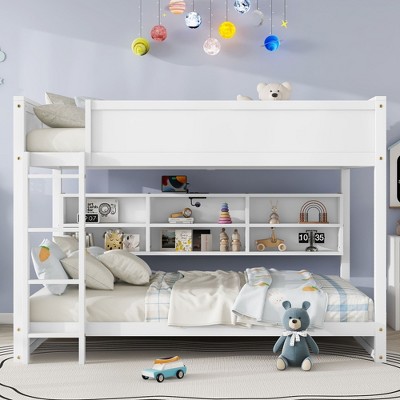 Sapphtopaz Wood Queen Size Bunk Bed with Charge Station&Built-in Storage Cabinet,Bed Frame with Ladder&Guardrail,Space-Saving Bed for Kids&Teen