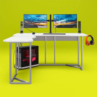 White and Silver L-Shaped Gaming Desk with CPU Stand