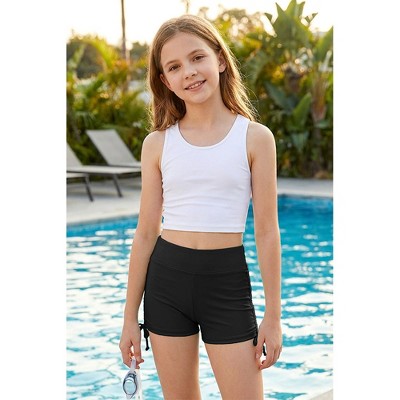 Charmo Girls High Waist Ruched Side Drawstring Swim Shorts Comfortable Coverage Swimming Bottom Black 15-16 Years — фото 3