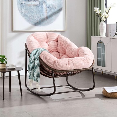 VYNXARIA Outdoor Rattan Rocking Chair,Padded Cushion Rocker Recliner Chair Outdoor for Front Porch, Living Room, Patio, Garden, Pink