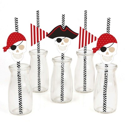 Big Dot of Happiness Beware of Pirates Paper Straw Decor - Pirate Birthday Party Striped Decorative Straws - Set of 24