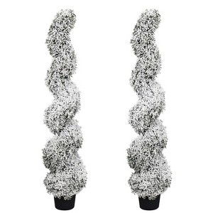 poetree 3 ft./4 ft. Artificial Flocked Boxwood Spiral Topiary Trees with Planters for Outdoor & Indoor Christmas Decor, 2-Pack - 1 of 4