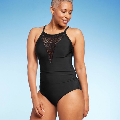 Women's Upf 50 High Neck Swim Romper With Pockets One Piece Swimsuit - Aqua  Green® Black 24 : Target