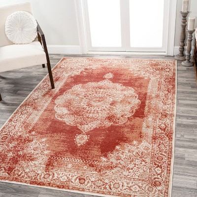 Peach and Ivory Synthetic Medallion Area Rug, 3 x 5 ft