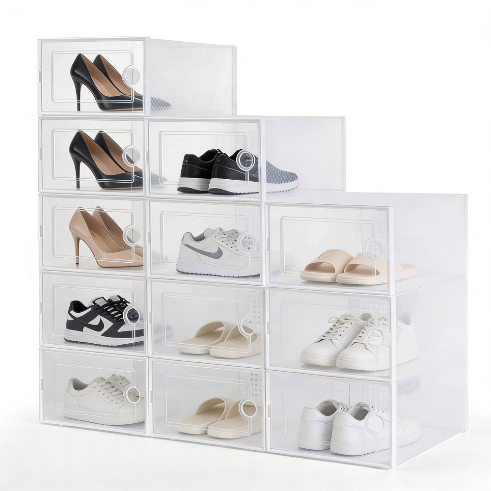 VUSIGN 12pk 10.4''x6.8'' Basic Stackable Shoe Box Storage Large Clear