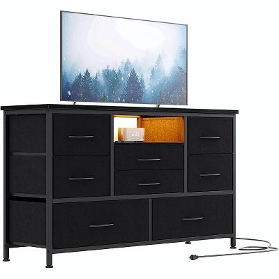 LED TV Stand Dresser with 8-Drawer for 55'' TV, Built-In Power Outlet, Wide Storage Chest with Wooden Top and 22 Adjustable Lighting Modes for Bedroom