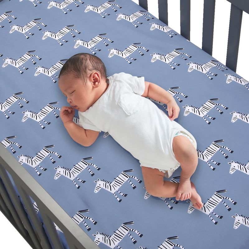 Lambs & Ivy Signature Zebra Blue Organic Cotton 2-Pack Fitted Crib Sheets, 3 of 6