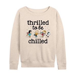 Women's - Peanuts - Thrilled To Be Chilled Lightweight French Terry Wide Neck Long Sleeve Graphic Shirt - 1 of 4