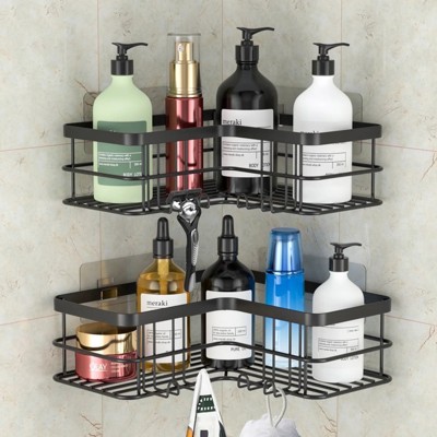 ATTOP 2-Shelf Shower Caddy Corner, No Drill Rustproof Stainless Steel Bathroom Shower Organizer Wall Mounted with 8 Hooks,Black