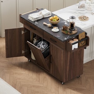 PAGED Dining Room Cabinet with Trash Can Storage, Kitchen Cart with Drawer, Rolling Kitchen Island on Wheels with Adjustable Shelf - 1 of 4