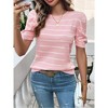 Women's Striped Puff Sleeve Knit Top - Crew Neck Structured Shoulder Fitted Casual Blouse with Timeless Stripe Pattern - 4 of 4