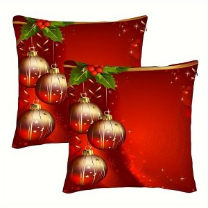 Lomsoe 2pcs Christmas Pillow Covers, Red with Shiny Golden Balls, Zippered Sofa Cushion Covers, Home Decor, Christmas Throw Pillows, Holiday Decor - 1 of 4