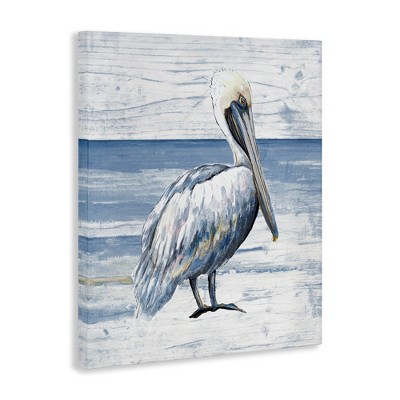 Rustic Coastal Pelican Canvas Wall Art in Blue and White, 24 x 30